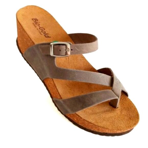 BRAND BIO-GOLD CORK WEDGE  GEOMETRIC CUTE OUT OPEN-TOE SANDAL R3 - Picture 1 of 15